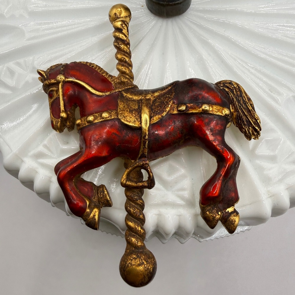 Vintage Red Enamel Carousel Horse Brooch Gold Tone Carnival Statement Pin heavy